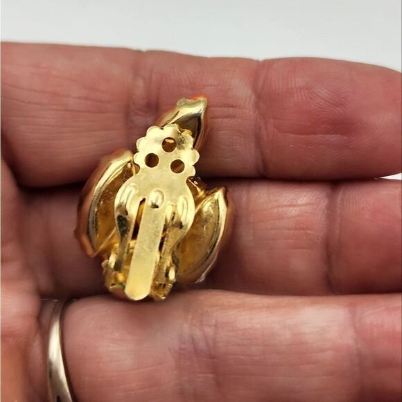 Flower Orange Matching Rhinestone And Bead Vintage Gold Brooch Pin Clip Earrings - Picture 4 of 8